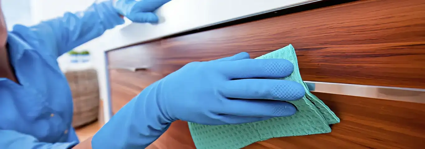 Cleaner wearing blue gloves wiping a wooden cabinet drawer with a microfiber cloth for dust and grime removal, Eugene, OR.