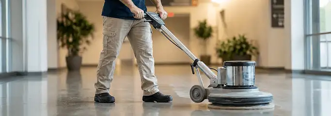 Professional technician using an industrial floor buffer to polish and maintain shiny commercial flooring in a corporate hallway in Eugene, OR.