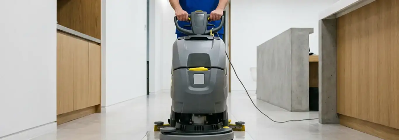 Janitorial staff using a floor scrubber machine to clean a commercial hallway, Eugene, OR.