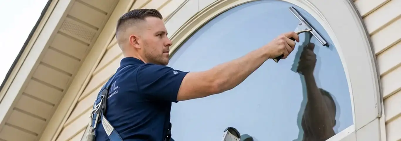 Professional window cleaner using a squeegee to clean an exterior arched window on a home, Eugene, OR.