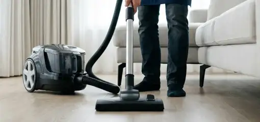 Professional house cleaner vacuuming a living room floor with a canister vacuum cleaner, Eugene, OR.