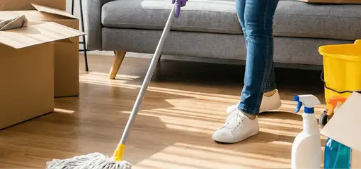 Move-out cleaning setup with a cleaner mopping hardwood floors near moving boxes and cleaning supplies, Eugene, OR.