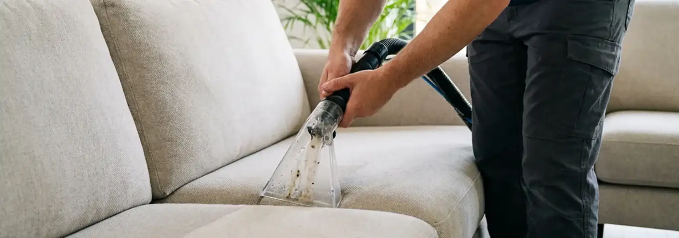 Technician extracting dirt and moisture from a fabric sofa with an upholstery cleaning wand, Eugene, OR.