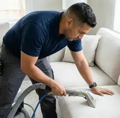 Professional upholstery cleaning technician using an extraction wand to deep-clean a fabric sofa, Eugene, OR.
