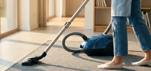 Person vacuuming a living room rug with a canister vacuum cleaner near large windows, Eugene, OR.